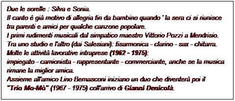 Casella di testo: Due le sorelle : Silva e Sonia.
Il canto  gi motivo di allegria fin da bambino quando ' la sera ci si riunisce
tra parenti e amici per qualche canzone popolare.
I primi rudimenti musicali dal simpatico maestro Vittorio Pozzi a Mendrisio.
Tra uno studio e l'altro (dai Salesiani): fisarmonica - clarino - sax - chitarra.
Molte le attivit lavorative intraprese (1962 - 1975):
impiegato - camionista - rappresentante - commerciante, anche se la musica
rimane la miglior amica.
Assieme all'amico Lino Bernasconi iniziano un duo che diventer poi il
"Trio Mo-M" (1967 - 1975) coll'arrivo di Gianni Denicol.
