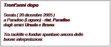 Casella di testo: Trent'anni dopo

Serata ( 20 dicembre 2005 )
a Paradiso (Lugano) - rist. Paradiso
dagli amici Ursula e Bruno.

Tra racltte e fondue spuntano ancora delle 
buone interpretazioni.
